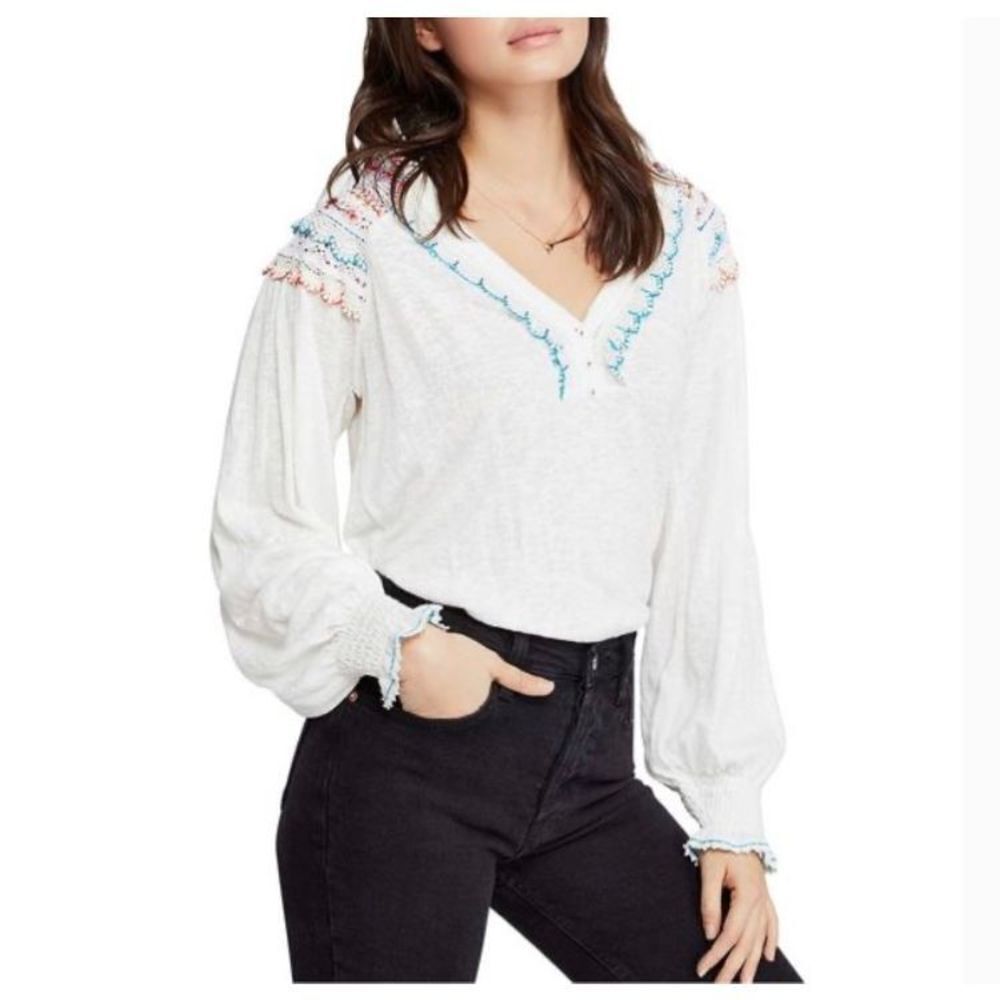 Free People - White Siesta Fiesta Colorful Embroidered Crochet V Neck Top Size S
